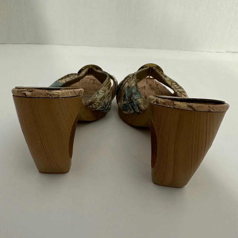 Petals Bling Jacquard Cork-Look Platform Mules Gold Ring Y2K Size 7 Bohemian